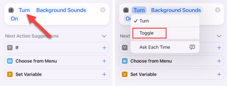 Toque em “Turn” e mude para “Toggle”.