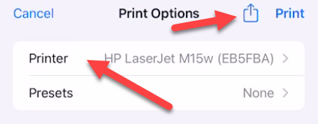 Selecione sua impressora ou toque no ícone de compartilhamento para salvar como PDF.