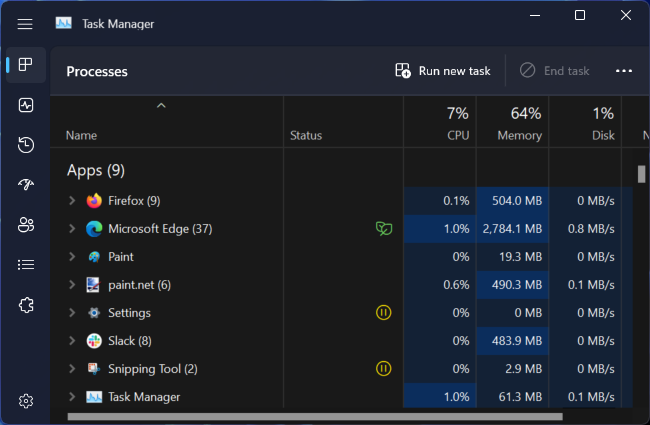 Gerenciador de tarefas do Windows 11 em 22H2 no modo escuro.