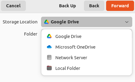 Selecionando o Google Drive como destino no deja dup