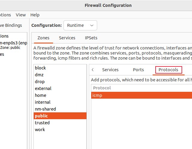 Um protocolo na zona pública, na GUI de configuração do firewall