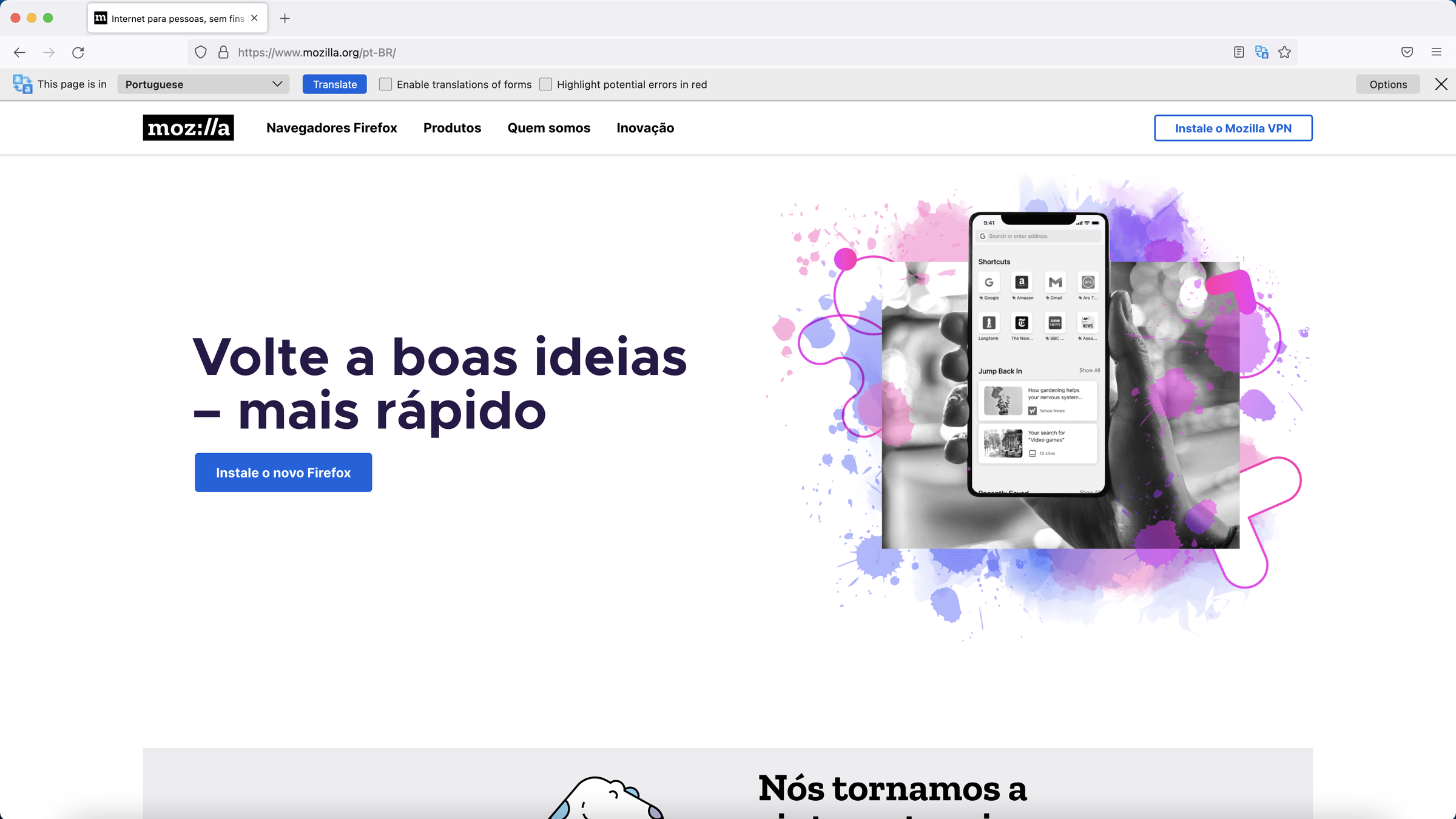 Captura de tela das traduções do Firefox