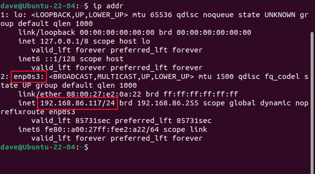 A saída do comando ip addr mostrando o endereço IP do computador