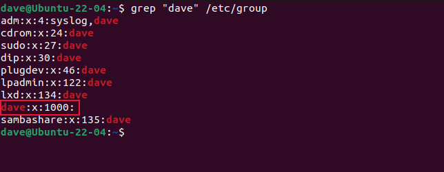 A lista de grupos dos quais o usuário Dave é membro