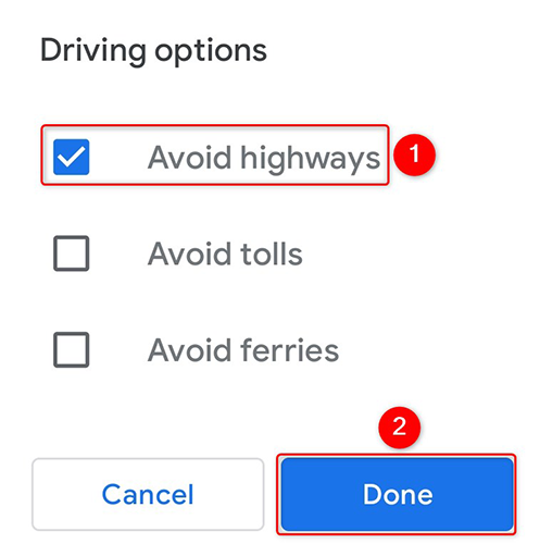 Ative "Evitar rodovias" e toque em "Concluído".