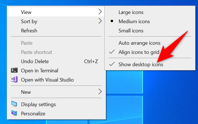 Selecione Exibir > Mostrar ícones da área de trabalho.