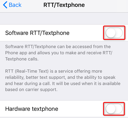 Desative as opções para desligar o RTT no iPhone.