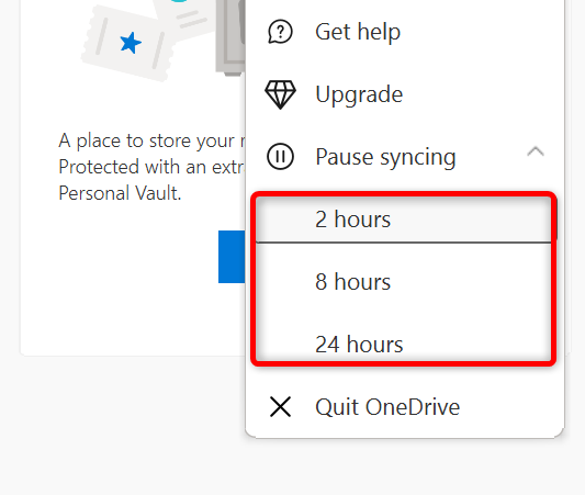 Selecione um período de pausa para sincronização de arquivos do OneDrive.
