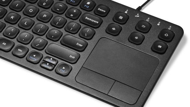 Close de um teclado com fio Vilros com touchpad integrado.