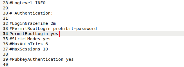O arquivo sshd_config aberto em um editor com a linha PermitRootLoging destacada