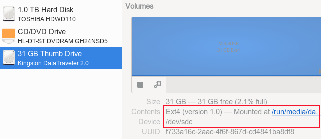 Detalhes da unidade USB listados nos discos GNOME