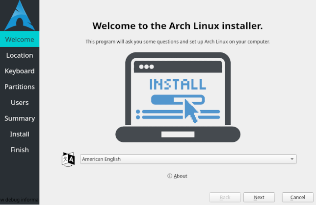 A primeira tela do instalador do Arch Linux Calamares