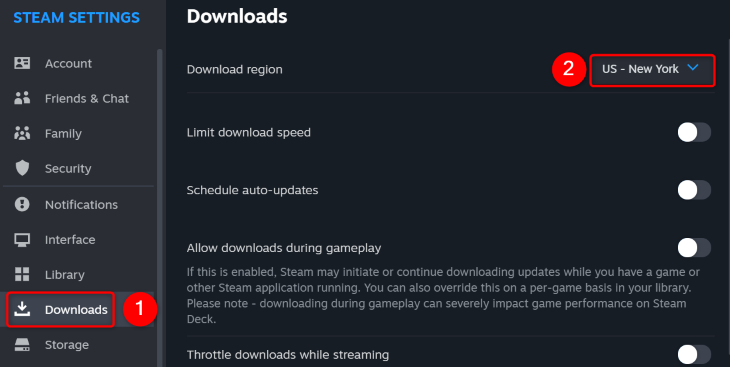 Altere a região de download do Steam.