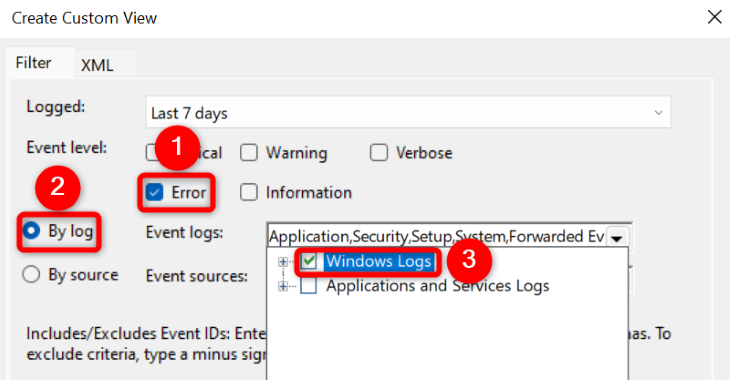 Configure a visualização do log de erros.