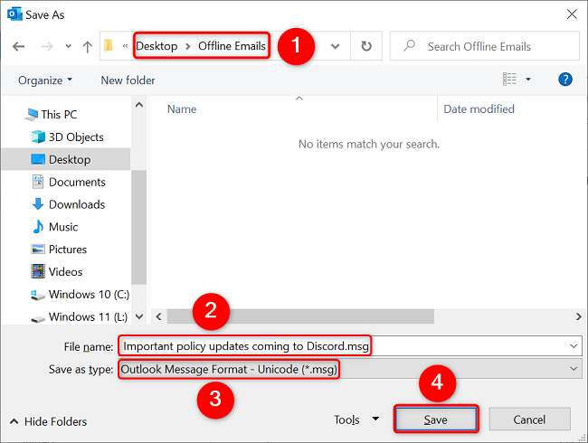Salve um e-mail do Outlook no computador.