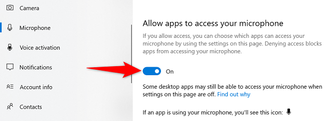 Ative o botão de alternância para conceder acesso ao microfone aos aplicativos.