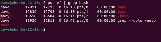 Usando ps e grep para identificar os proprietários de processos bash