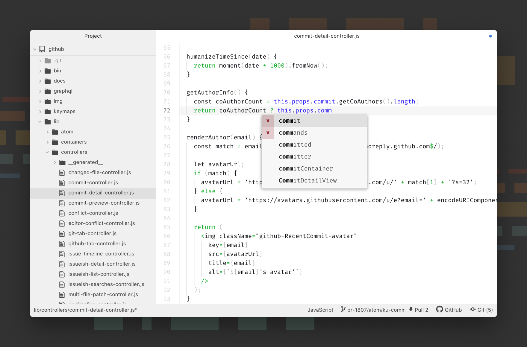 Captura de tela do editor Atom do GitHub