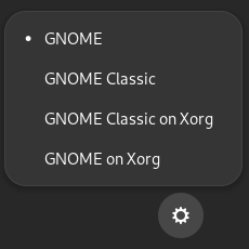 O menu suspenso no GNOME que permite escolher uma experiência de desktop baseada em Wayland ou X11
