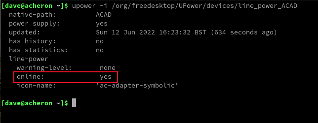 Examinando o adaptador AC com upower, com o adaptador conectado