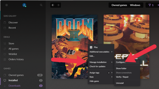 Configuração do menu do botão direito do jogo GoG