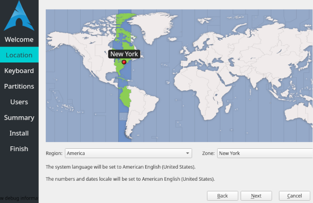 A tela de localização do instalador do Arch Linux Calamares