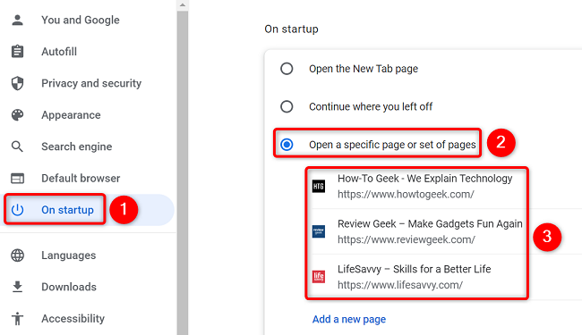 Defina a(s) página(s) de inicialização no Chrome.