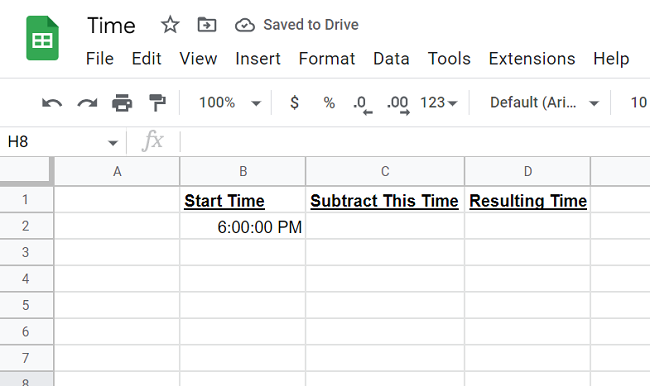 Exemplo de planilha do Google para subtrair o tempo.
