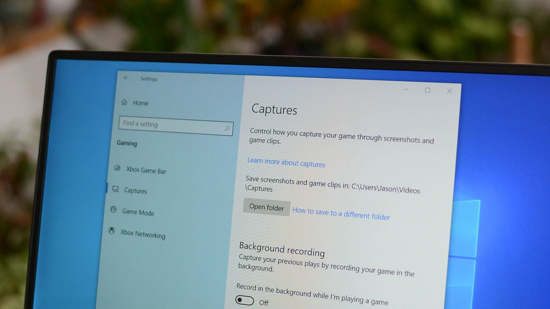 As configurações de captura no Windows 10.