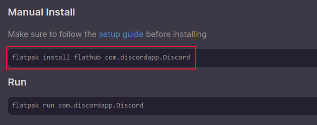 O comando de instalação na página Flathub do aplicativo Discord