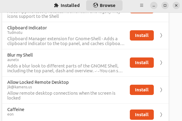 Procurando extensões no gerenciador de extensões GNOME
