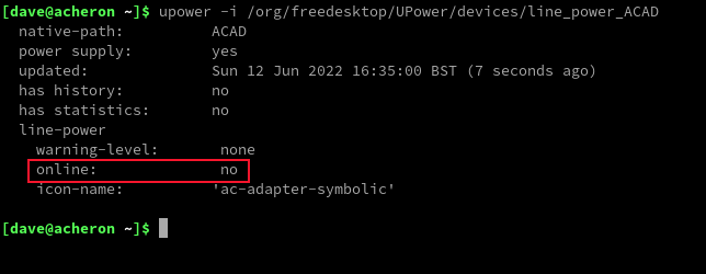 Examinando o adaptador AC com upower, com o adaptador desconectado