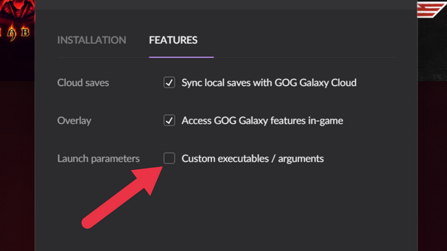 A guia Recursos do jogo GoG com caixa de seleção Executável personalizado