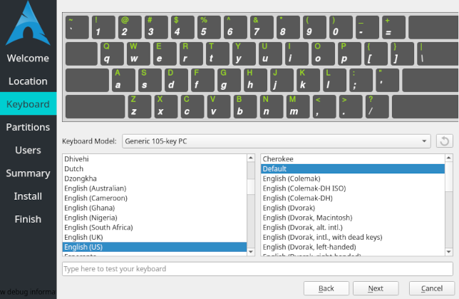 A tela de layout do teclado do instalador do Arch Linux Calamares