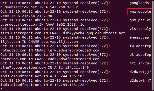 O conteúdo do fiole dns.txt com um nome e endereço IP para google.com destacados