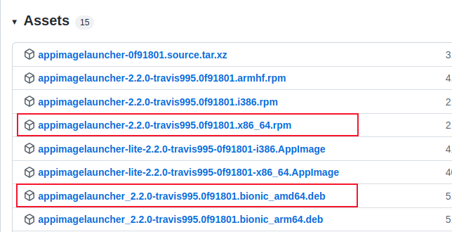 Os links de download do AppImageLauncher RPM e DEB
