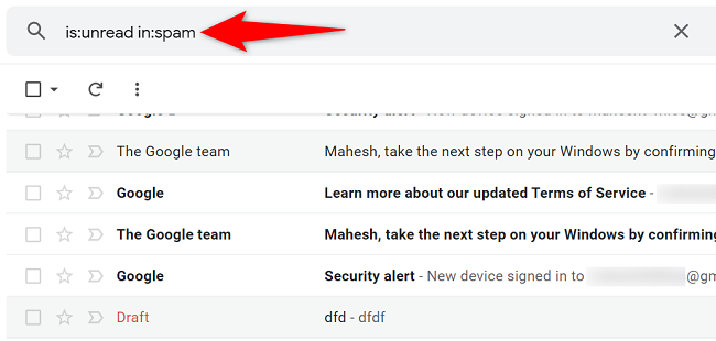 Encontre todos os e-mails de spam não lidos no Gmail.