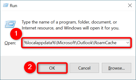 Insira o caminho do cache do Outlook e selecione