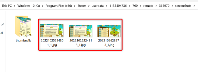 Capturas de tela do Steam no gerenciador de arquivos padrão do computador.
