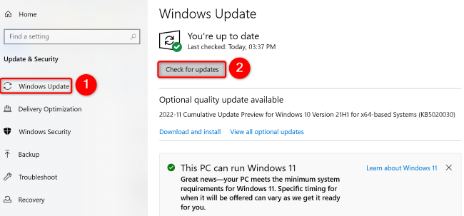 Selecione Windows Update > Verificar atualizações.