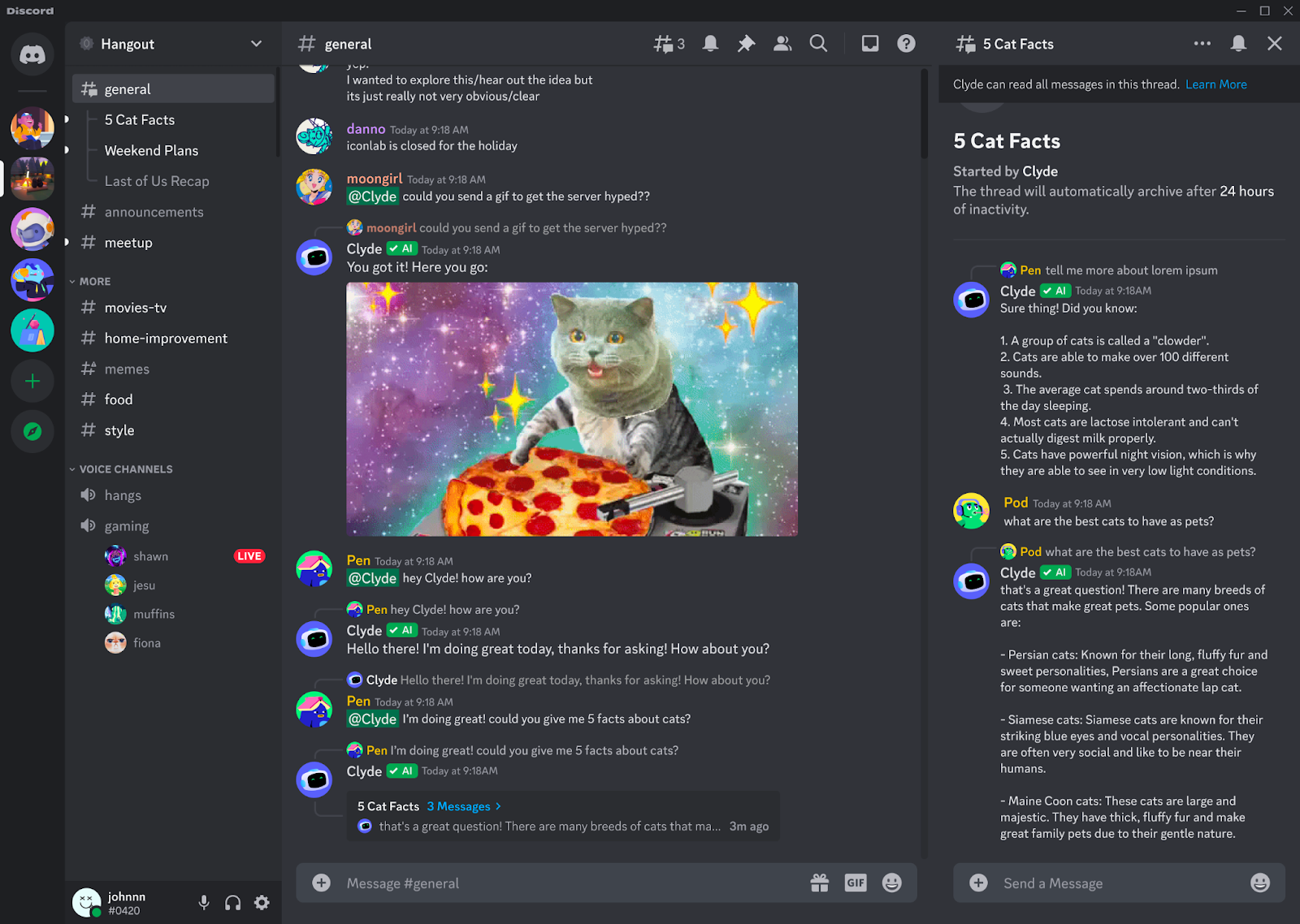 Captura de tela de conversa com várias pessoas e Clyde AI