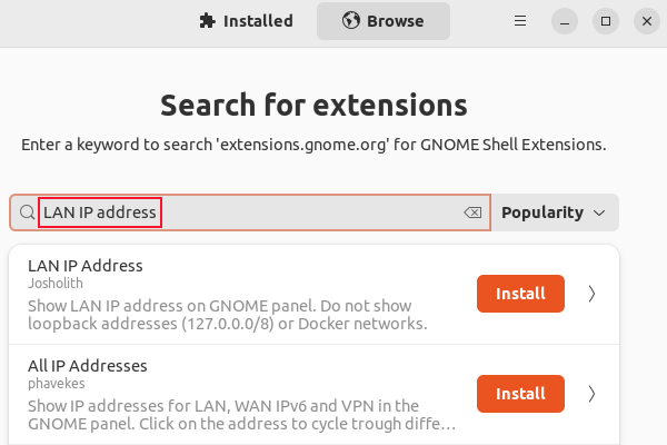 Procurando por uma extensão no gerenciador de extensões GNOME