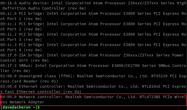 A entrada do cartão Wi-Fi nos resultados do comando lspci