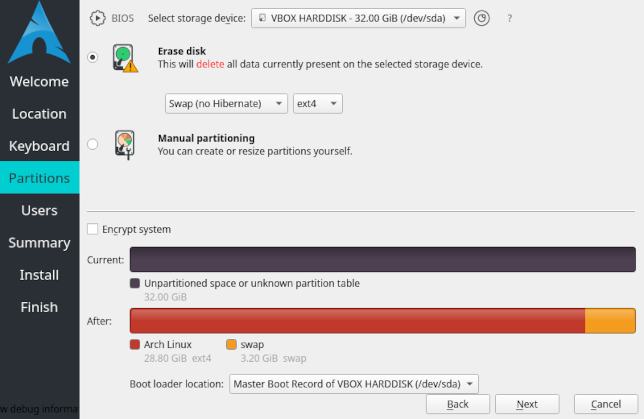 A tela de particionamento do instalador do Arch Linux Calamares