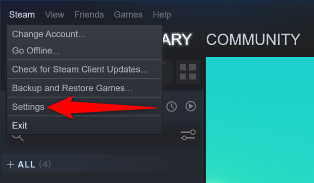 Clique em Steam > Configurações na barra de menu.