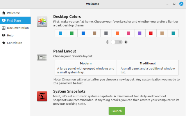 O aplicativo de boas-vindas do Linux Mint 21.1, aberto no