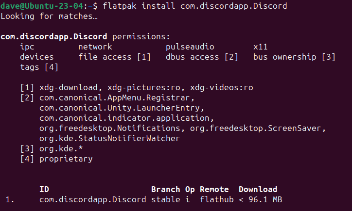A lista de pacotes que serão instalados junto com o Discord Flatpak