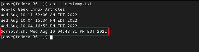 A entrada de carimbo de data/hora de script3.sh no arquivo timestamp.txt no servidor remoto