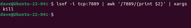 Usando pipes para levar a saída de lsof para awk e de awk para xargs e kill