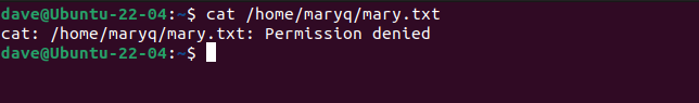 O usuário Dave não consegue ler o arquivo de Mary, a permissão foi negada